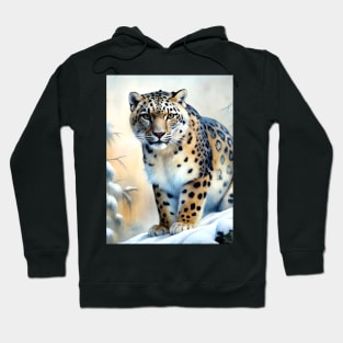 A Proud Snow Leopard Went Hunting, in the Snowy forest, Hight Mountains, Snow Falling, Winter Landscape, Wildlife White Pantera, Watercolor Realistic Illustration, Art, Portrait, Poster, Shirt, Christmas Hoodie